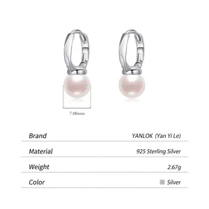 S925 sterling silver geometric earrings with 7mm round pinkish white pearls for women