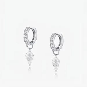 925 Sterling Silver Rhombus Pendant Hoop Earrings For Women Minimalist Cubic Zirconia Inlaid Sweet Cool Style Jewelry