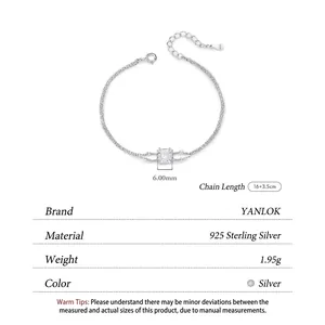 Bracciale a doppio strato in argento 925 con zircone quadrato e tabella delle misure incluse