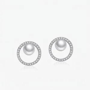 Halo Stud Earrings 925 Sterling Silver Artificial Pearl Cubic Zirconia Circular Small Elegant Daily Office Jewelry For Women