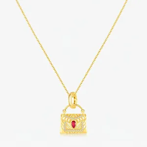 Handbag Pendant Necklace 925 Sterling Silver Gold Plated Red Rhinestone Inlaid French Style Elegant Jewelry Gift For Women