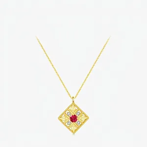 Vintage 925 Sterling Silver Hollow Square Pendant Necklace Gold Plated Red White Rhinestone Inlaid Geometric Jewelry For Women