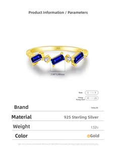 Detail of S925 silver gold ring featuring three blue gemstones and mini diamonds