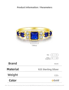 Detail view of gold-plated 925 silver ring featuring a 5mm square blue gemstone