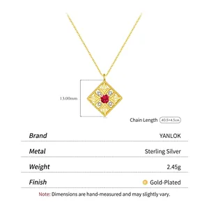S925 sterling silver square pendant necklace with red stone and hollow lace pattern