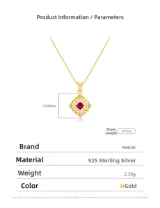 Macro shot of S925 silver gold necklace with ruby pendant and dimension measurements