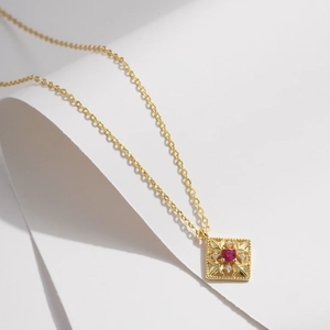 Vintage gold S925 silver necklace with square hollow pendant and red gemstone