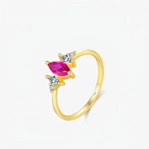 S925 Sterling Silver Gold Plated Marquise Pigeon Blood Red Rhinestone Ring Elegant Vintage Geometric Women Jewelry Finger Ring