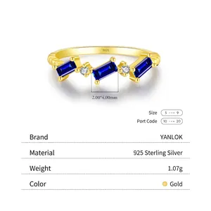 S925 sterling silver gold ring with three rectangular blue gems and round diamonds