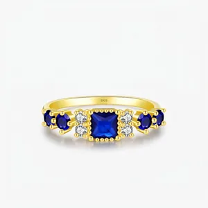 Vintage 925 Sterling Silver Ring For Women Gold Plated Square Blue Zirconia Inlaid Luxury Rhinestone Fashion Jewelry Finger Ring