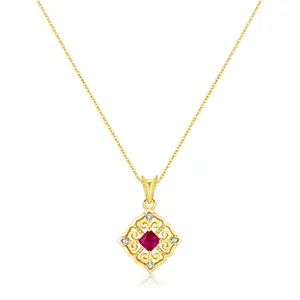 Vintage 925 Sterling Silver Red Zirconia Pendant Necklace Hollow Square Palace Style Gold Plated Jewelry For Women