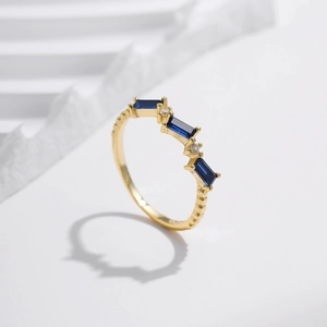 French vintage S925 silver ring with blue emerald-cut stones and golden bead texture