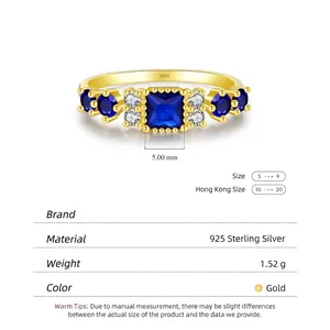 Elegant S925 sterling silver gold-plated ring with square blue gemstone and side diamonds