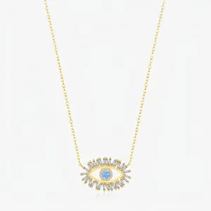 Collier Pendentif Œil du Diable en Argent Sterling 925 pour Femme avec Zirconia Bleu Incrusté Plaqué Or Bijoux de Mode Vintage Français