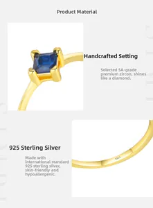 Close-up of S925 sterling silver ring with square blue zircon and hallmark detail