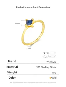 Detail view of gold S925 sterling silver ring featuring a 4mm square blue stone setting