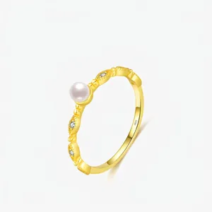 Elegant Artificial Pearl Ring 925 Sterling Silver Gold Plated Cubic Zirconia Inlaid Micro Pave Vintage French Style Thin Band Jewelry For Women
