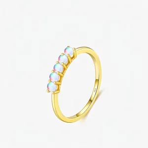 925 Sterling Silver 18K Gold Plated Moonstone Row Ring For Women Minimalist Five Stone Round Gemstone Stackable Index Finger Ring