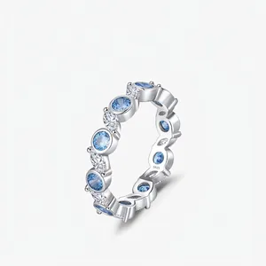 Bague Éternité en Argent Sterling S925 pour Femme Zirconia Rond Bleu Ciel et Blanc Marquise Bijoux de Main Élégants et Polyvalents