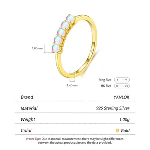 Elegant S925 sterling silver ring with five round opal stones in 18K gold finish