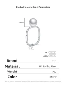 Detail view of S925 sterling silver square ring with 8mm pearl and size specifications