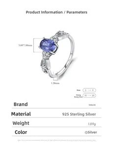 Macro view of S925 sterling silver ring with 5x7mm oval blue gemstone and leaf pattern