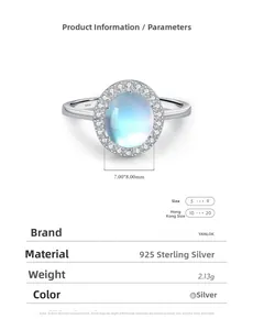 Detail of S925 sterling silver ring featuring a 7x8mm oval moonstone and halo diamonds