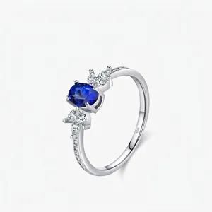 Elegant S925 Sterling Silver Oval Blue Zirconia Ring Vintage Marquise White Zircon Inlaid Ring Fashion Women Jewelry