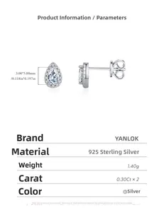 Detailed size specifications for 925 silver pear-cut moissanite stud earrings