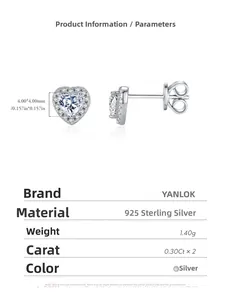 Detail view of 925 sterling silver heart studs with 0.30ct moissanite stones and dimensions