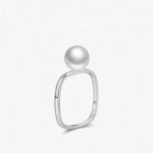 Minimalist 925 Sterling Silver Artificial Pearl Ring For Women Unique Rounded Square Band Elegant Dainty Jewelry Gift