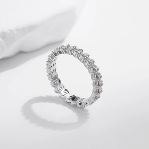 Elegant S925 sterling silver eternity ring with baguette-cut sparkling crystals for women