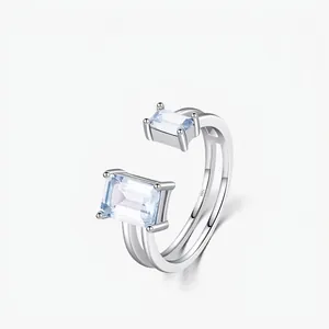 Elegant 925 Sterling Silver Open Adjustable Ring For Women With Rectangle Light Blue Rhinestone Double Layer Design Finger Jewelry