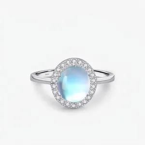 S925 Sterling Silver Moonstone Ring For Women Oval Blue Moonstone Halo Ring Rhinestone Inlaid Elegant Finger Jewelry