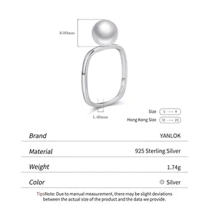 S925 sterling silver square ring featuring a minimalist 8mm round white pearl ornament