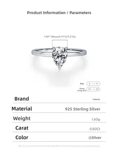 Vue macro de la moissanite taille poire 0,80ct sur un anneau en argent sterling S925 poli