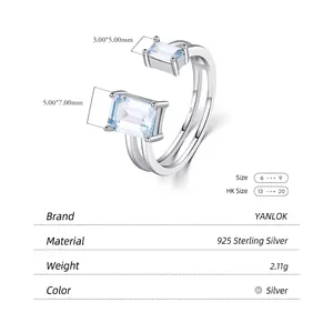 Elegant 925 sterling silver open ring with dual rectangular aquamarine blue gemstones