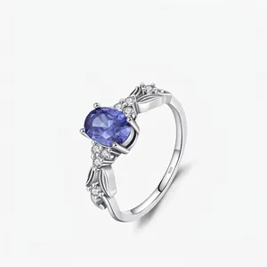 925 Sterling Silver British Retro Ring For Women Luxury Oval Tanzanite Blue Gemstone Inlaid Rhinestone Mermaid Tail Distressed Ring