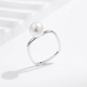 Minimalist S925 silver pearl ring with a unique geometric square band on white background