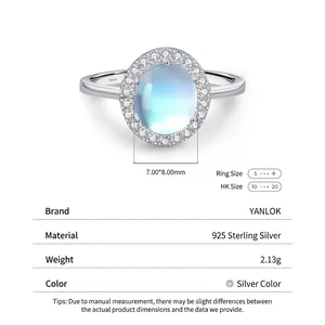 Elegant S925 sterling silver ring with 7x8mm moonstone and halo diamonds on white background