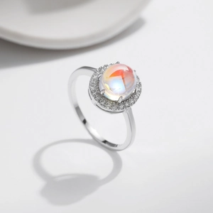Elegant s925 silver ring featuring a moonstone main stone with a sparkling diamond halo