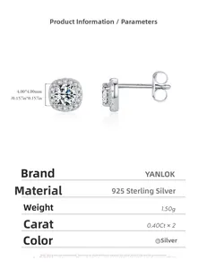 Macro detail of 925 sterling silver square halo stud earrings with 0.40Ct sparkling stones