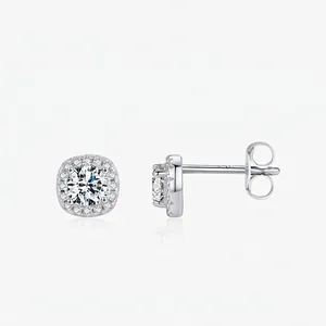 Luxurious D Color Moissanite 925 Sterling Silver Halo Stud Earrings Square Geometric Inlaid Rhinestone Women Jewelry