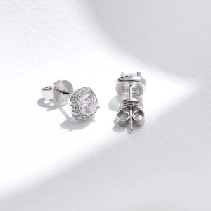 Elegant S925 sterling silver cushion cut halo stud earrings with sparkling D color stones