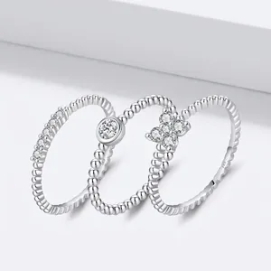925 Sterling Silver Moissanite Ring For Women D Color VVS1 Brilliant Cut Round Stone Beaded Band Stackable Clover Ring Jewelry