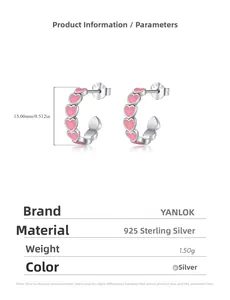 Detailed view of s925 silver C-shaped hoop earrings with pink hearts and size metrics