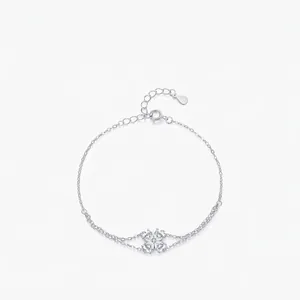 925 Sterling Silver Clover Bracelet For Women Elegant Rhinestone Heart Double Layer Chain Adjustable Bracelet Fine Jewelry Gift