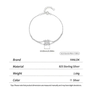 Elegant s925 silver double-layered four-leaf clover charm bracelet with crystal accents
