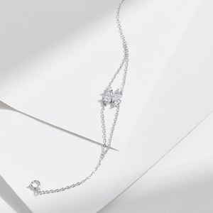 Silver S925 four-leaf clover double-layer bracelet with sparkling heart zirconia stones