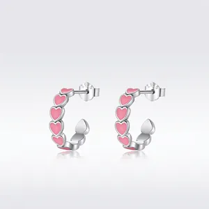 925 Sterling Silver Pink Heart Enamel C-Shaped Stud Earrings For Women Sweet Korean Style Silver Heart Hoop Earrings Gift